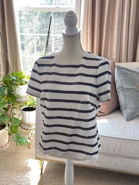 Ralph Lauren White and Navy Striped Short-Sleeve Sequin Tee